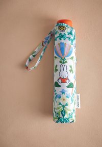 Kompaktne vihmavari värvika lillemustri ja multifilmipjangu küljendusega. Omab eredat oranži käepidet ja sobivat randmepaela.