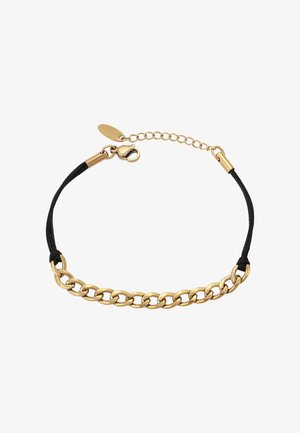 Aranyszínű lánc karkötő fekete szőtt zsinórral. Kapocs záródással és állítható hosszúsággal rendelkezik. Simább textúrájú, fényes láncokkal.