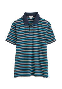 Polo cu dungi în nuanțe de albastru închis, teal și gri. Mâneci scurte, guler cu două butoane, guler solid albastru închis. Amestec de bumbac, croială lejeră.
