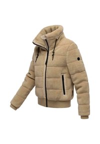 Beige gesteppte Fleecejacke mit hohem Kragen, schwarzem Reißverschluss und Kordelzügen, Reißverschlusstaschen, sowie gerippten Bündchen und Saum.