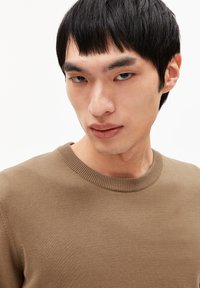 Brauner Pullover aus Strickstoff mit Rundhalsausschnitt und mittlerer Textur. Das Model hat kurze schwarze Haare und hellblaue Augen.