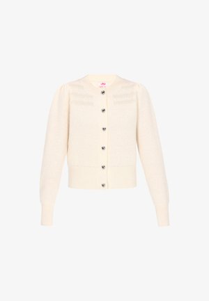 Cream-colored cardigan with long sleeves, round neckline, ribbed hem, and heart-shaped buttons. Features textured details on the shoulders.