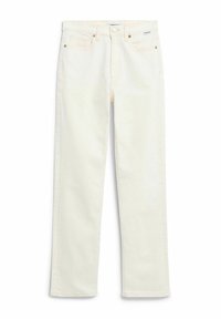 Off-white Jeans mit geradem Bein, Knopfverschluss, Fünf-Taschen-Design und Metallösen an den vorderen Taschen.