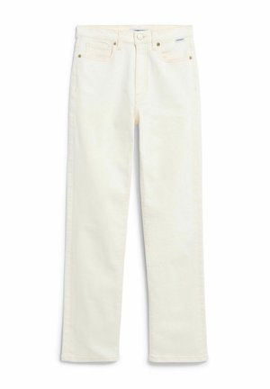 Off-white Jeans mit geradem Bein, Knopfverschluss, Fünf-Taschen-Design und Metallösen an den vorderen Taschen.