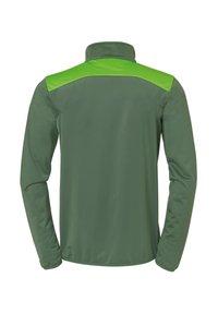 Groene jacket met een hoge kraag, voorzien van een contrasterende felgroene schouderstukken en een gladde textuur. Lange mouwen en een getailleerd ontwerp.