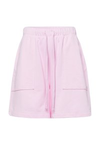 Pink cotton shorts with an elastic waistband, drawstring detail, and two front pockets. Smooth texture and casual design.