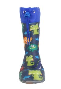 Rubberen regenlaars met een marineblauw basispatroon en kleurrijke cartoonmonsters. Blauwe elastische rand met trekkoordsluiting en een gestructureerde zool.
