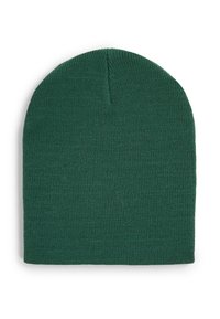 Groene gebreide beanie met een ronde bovenkant, een gestructureerde stof en een naadloos ontwerp. Biedt een eenvoudige en snugge pasvorm voor warmte.