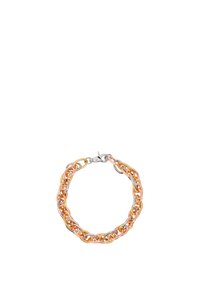 Masywna bransoletka łańcuchowa w mieszanych odcieniach metalu; zawiera splecione różowozłote i srebrne ogniwa z zapięciem typu lobster. Gładka textura.