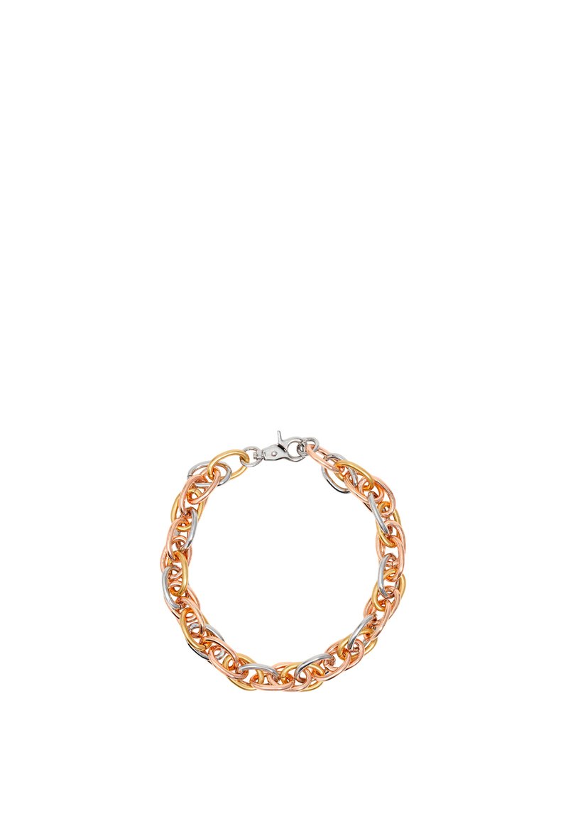 Masywna bransoletka łańcuchowa w mieszanych odcieniach metalu; zawiera splecione różowozłote i srebrne ogniwa z zapięciem typu lobster. Gładka textura.