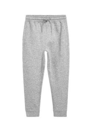 Pantalon de survêtement gris clair avec taille élastique, cordon réglable, poches latérales et bord-côtes ajustés aux chevilles.