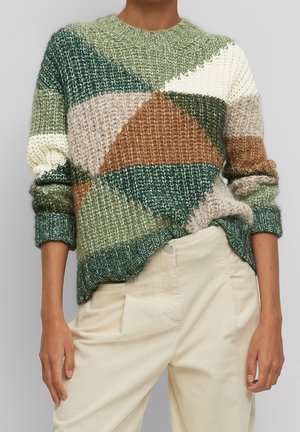 Knit sweater with geometric color blocks in green, brown, cream, and beige. Features a round neckline and ribbed cuffs. Textured pattern throughout.