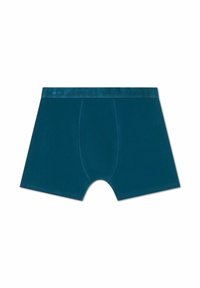 Tealfärgade bomullsboxershorts med en jämn textur, utrustade med en midjeband präglat med logotyp och en framtaske för stöd.