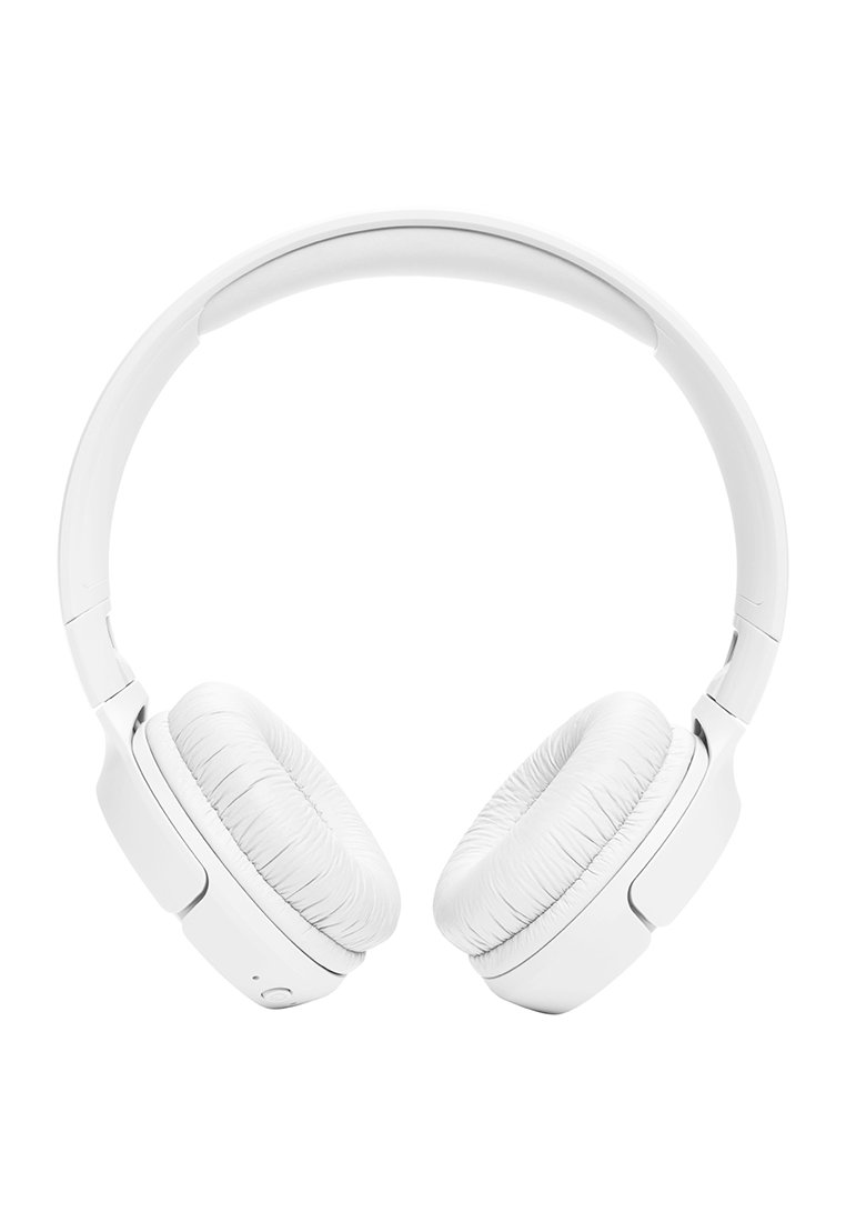 Weiße Over-Ear-Wireless-Kopfhörer mit gepolsterten Ohrmuscheln und verstellbarem Kopfband vor einem weißen Hintergrund.