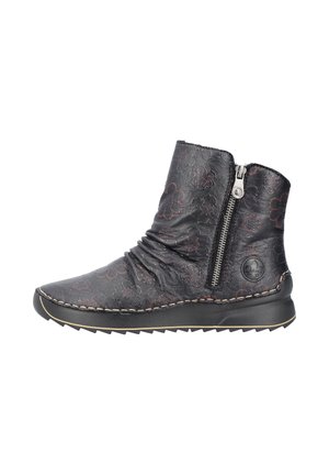 Black leather ankle boots with floral embossed pattern, side zipper, and textured sole, featuring a rounded toe and stitched accents.