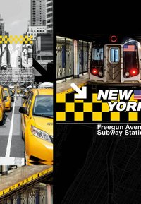 Des taxis jaunes alignés dans une rue de New York et un train de métro à la station Avenue Freegun avec des accents en damier et en drapeau.