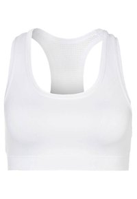 Hvit sports-bh med en sømløs design, rund halsutskjæring og åpen rygg med et mesh-panel for ventilasjon. Glatt, stretchy stoff.