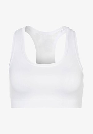 Valge spordibränd, mis on sujuva disainiga, ümarate kaelustega ja avatud seljaga, millel on hingavast materjalist võrkpaneel. Sujuv, veniv kangas.