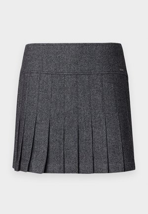 Pleated skirt in dark gray fabric with a herringbone pattern. Features a smooth waistband and a straight hem, providing a structured look.