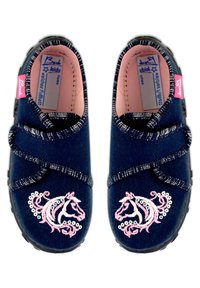 Marineblauwe denim kinderschoenen met een sprankelende zilveren rand, voorzien van roze en witte geborduurde eenhoornontwerpen aan de zijkanten.