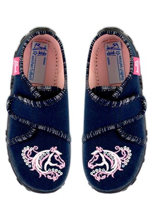 Navyblaue Jeans-Schuhe für Kinder mit einem funkelnden silbernen Rand, der pinke und weiße gestickte Einhornmuster an den Seiten zeigt.
