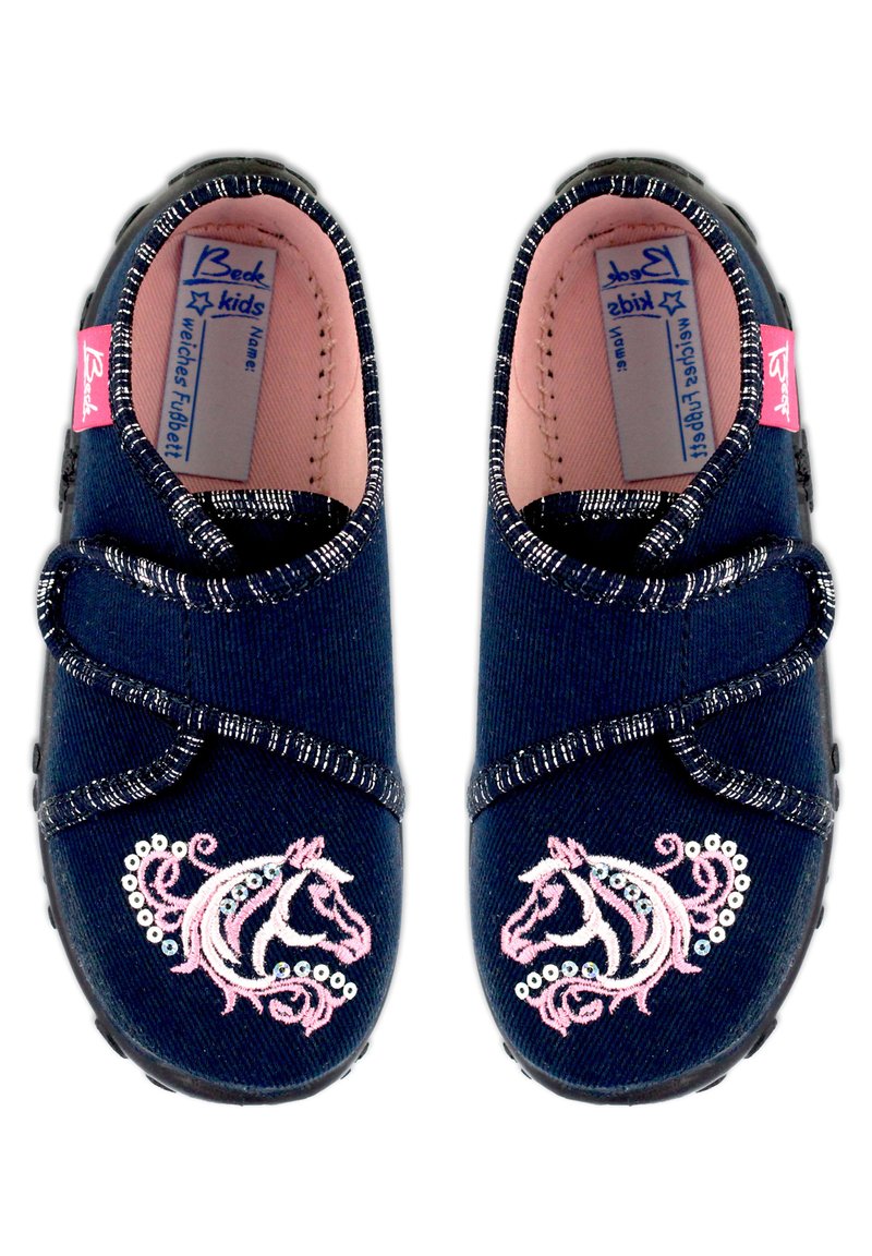 Marineblauwe denim kinderschoenen met een sprankelende zilveren rand, voorzien van roze en witte geborduurde eenhoornontwerpen aan de zijkanten.