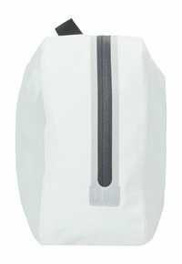 Bolsa impermeable blanca con forma rectangular, que cuenta con un zip gris central y un tirador negro en la parte superior. Diseño simple y funcional.