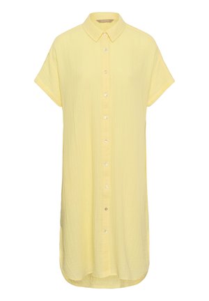 Lichtgeel overhemdjurkje met korte mouwen, kraag, gemaakt van gestructureerde stof en met een licht gebogen zoom.