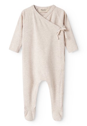 Helle beige Baumwolle Baby Overall mit langen Ärmeln, Wickeldesign, seitlichen Bindebändern und Druckknöpfen entlang des Beins für ein einfaches Ankleiden.