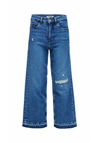 Jeans de mezclilla azul de pierna ancha con detalles desgastados. Presentan una cintura alta, cinco bolsillos y un corte recto hasta el dobladillo.