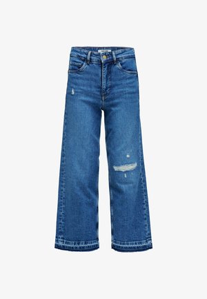 Jeans de mezclilla azul de pierna ancha con detalles desgastados. Presentan una cintura alta, cinco bolsillos y un corte recto hasta el dobladillo.