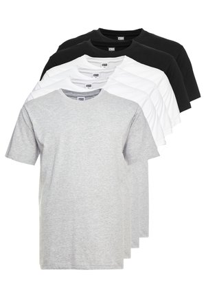 Pakket van vijf t-shirts in zwart, wit, grijs. Korte mouwen, ronde hals, katoenen mix stof, gladde textuur, consistent ontwerp, geen patronen.