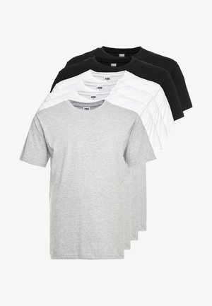 Pakket van vijf t-shirts in zwart, wit, grijs. Korte mouwen, ronde hals, katoenen mix stof, gladde textuur, consistent ontwerp, geen patronen.