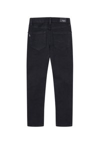 Crne traperice od denima slim fit kroja, sa dva stražnja džepa, pojasom srednje visine i suptilnim detaljima šivanja.