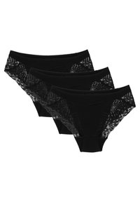 Trois paires de culottes noires avec un devant uni et un dos en dentelle, dotées de ceintures élastiques et de bords festonnés.
