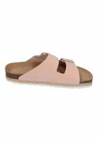 Pink suede slide sandal with dual upper straps, textured footbed, and a light-colored, patterned cork midsole. Rubber outsole for grip.