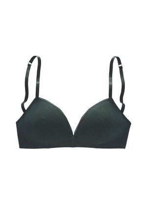 Dark green triangular bra with textured geometric pattern, thin adjustable straps, and a center bow detail. Soft, smooth fabric texture.