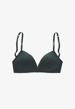 Dark green triangular bra with textured geometric pattern, thin adjustable straps, and a center bow detail. Soft, smooth fabric texture.