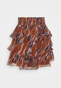 Falda marrón con capas en volantes, que presenta una mezcla de patrones abstractos en rosa y azul marino. Cintura elástica para un ajuste ajustable. Tejido suave y ligero.