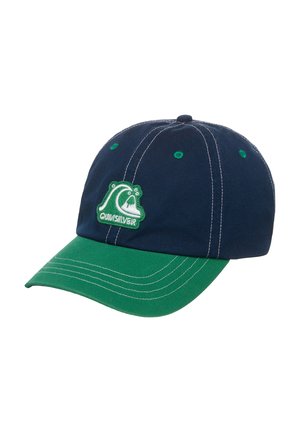 Tmavě modrá a zelená baseballová čepice s bílým prošitím a zelenou nášivkou s logem vlny na předním panelu.