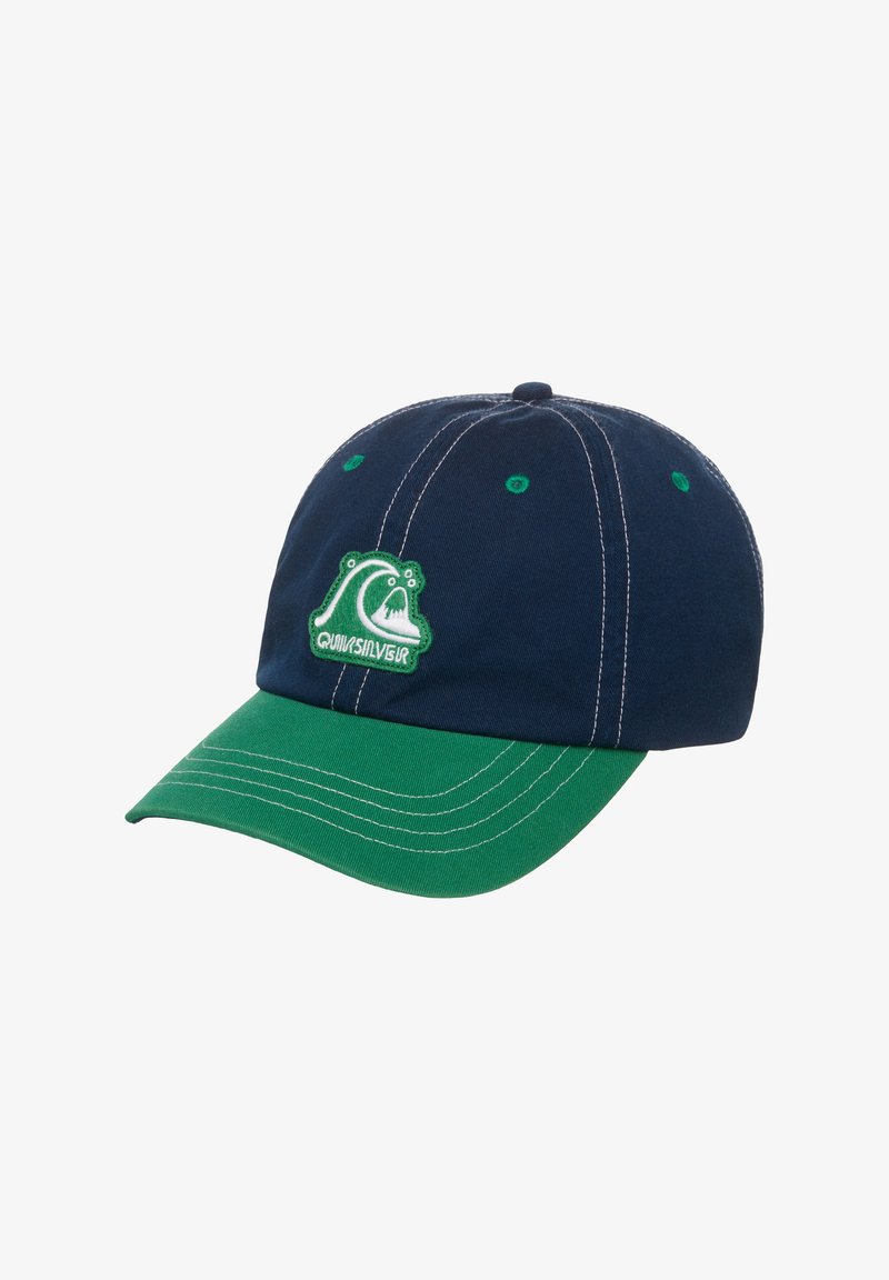 Καπέλο μπέιζμπολ σε ναυτικό μπλε και πράσινο με λευκή ραφή και πράσινο λογότυπο κύματος στο εμπρόσθιο πάνελ.