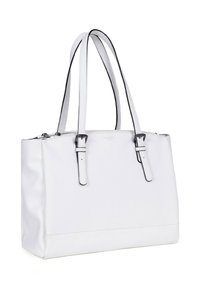 Borsa tote bianca con manici doppi neri, chiusura a zip, superficie liscia e forma rettangolare. Presenta un branding sottile sul fronte.