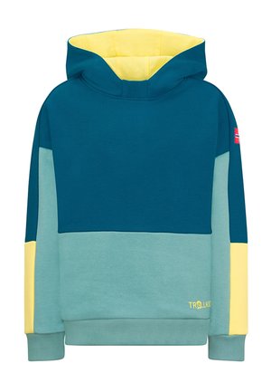 Hooded sweatshirt with teal and light blue panels, yellow sleeve accents, yellow inner hood, and small "Trollkids" logo on lower front.