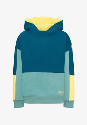 Kapuzensweatshirt mit türkis- und hellblauen Einsätzen, gelben Ärmeldetails, gelber Innenkapuze und kleinem "Trollkids"-Logo auf der unteren Vorderseite.