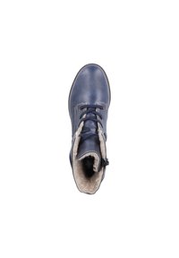 Bottines à lacets en cuir bleu marine avec un intérieur doublé en polaire, des coutures blanches et une fermeture éclair sur le côté pour un accès facile.
