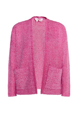 Ružičasti pleteni kardigan s otvorenim prednjim dijelom, s dvije prednje džepove. Tekstura je fina i blago rebrasta, s efektom miješanja boja.