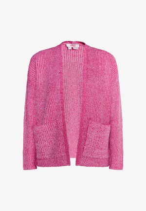 Różowy sweter z dzianiny z otwartym przodem, z dwoma przednimi kieszeniami. Tekstura jest delikatna i lekko prążkowana, z efektem mieszanych kolorów.