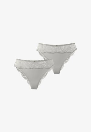 Zwei Paar graue Spitzenhöschen mit einer glatten Stoffbasis, kunstvollen gezackten Kanten und einem niedrig geschnittenen Design.