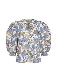 Kwiatowa bluzka w kolorze białym, z niebieskimi i oliwkowymi kwiatami, z bufiastymi rękawami, okrągłym dekoltem oraz otworem w kształcie klucza z przodu.