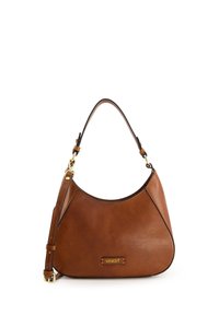 Sac hobo en cuir marron avec une silhouette incurvée, une bandoulière réglable et des accessoires en métal doré. Présente une plaque logo bien visible à l'avant.